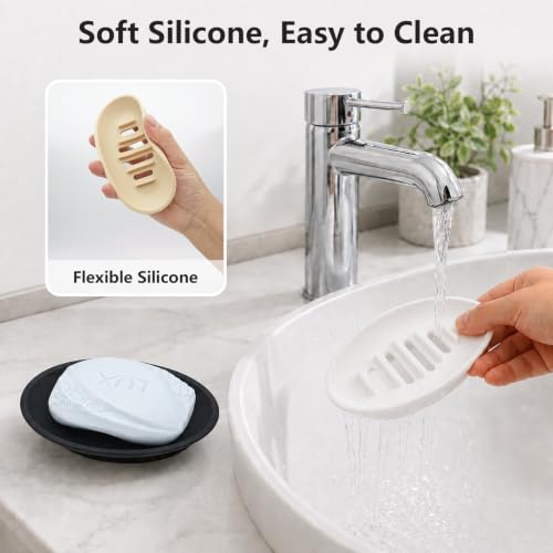 Aenfaiy 2 Pack Silicone Soap Dish Holder Black - Self-Draining Bathroom & Kitchen Tray