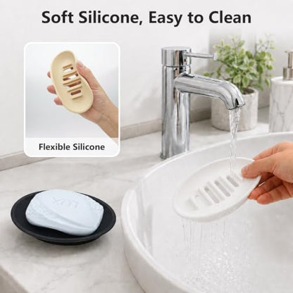 Aenfaiy 2 Pack Silicone Soap Dish Holder Black - Self-Draining Bathroom & Kitchen Tray