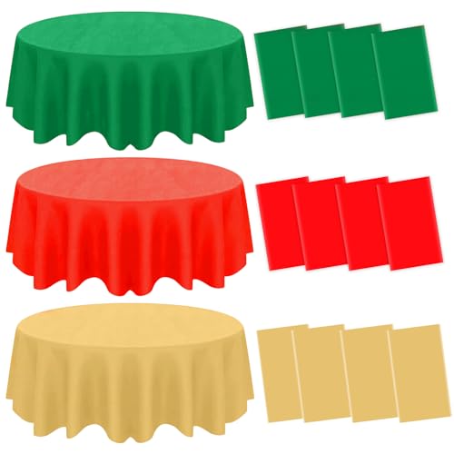 Christmas Round Disposable Tablecloth 84 Inch Set of 12 - Gold Red Green Waterproof Party Supplies - B-christmas