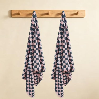Pink Checkered Bath Towels Set of 2 - 27.5 x 55.1 Inch Cotton Spa & Beach Towels