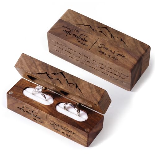 Personalized Wedding Ring Box - Engraved Wooden 2 Slot Ring Holder - Slim Rectangle