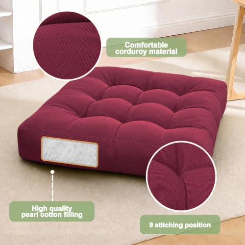 Floor Pillow Set of 2 20 Inch Large Tufted Corduroy Cushions for Sitting Meditation Lounge - Wine Red