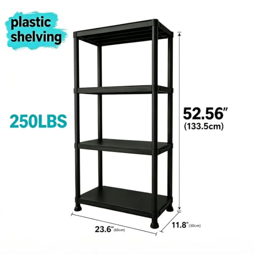 Garage Shelving Plastic Storage Shelves 4-Tier Unit 52x24x12 Inches - Waterproof & Sturdy