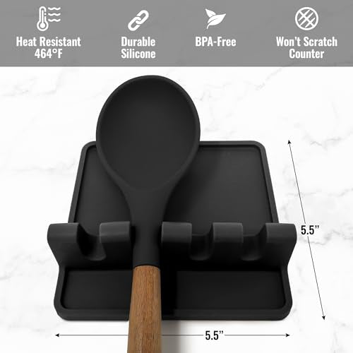 Zulay Kitchen Silicone Utensil Rest with Drip Pad for Multiple Utensils - BPA-Free, Heat-Resistant Spoon Rest & Spoon Holder for Stove Top - Kitchen Utensil Holder for Ladles & Tongs - Black