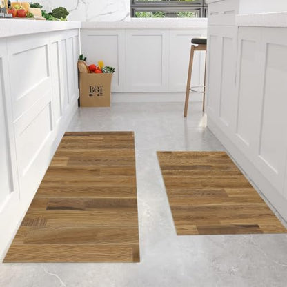 Wood Grain Kitchen Rugs Non Slip 2-Piece Set Brown Washable Mat Runner, 20x32 & 20x71 Variation of Brown/Wood Grain