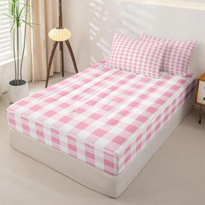 Kids Comforter Set Twin Size Pink Checkered Geometric Grid Bedding Set with Zipper