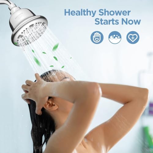 MakeFit Silver Filtered Shower Head with Upgraded Activated Carbon Filter - High Pressure Rain Shower with 7 Settings for Hard Water