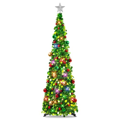 Collapsible 5Ft Green Tinsel Christmas Tree with Lights & 30 Ornaments - Holiday Decor