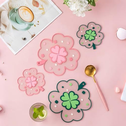 Pink Clover Coasters Set of 2 - Kawaii Desk Accessories for Office & Home