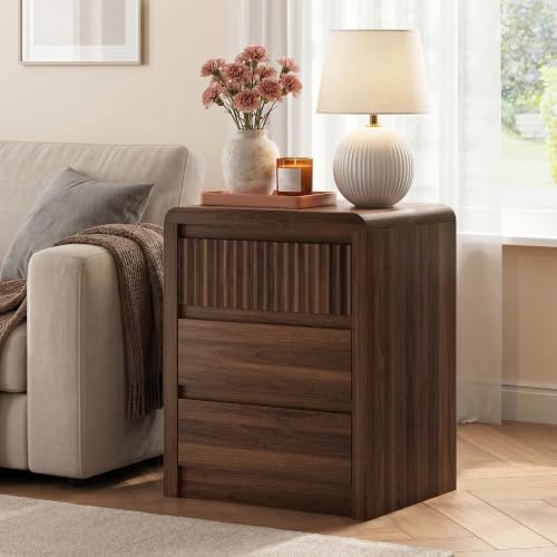 Walnut Fluted Nightstand Set of 2 with 3 Drawers - 24.4 in Tall End Tables