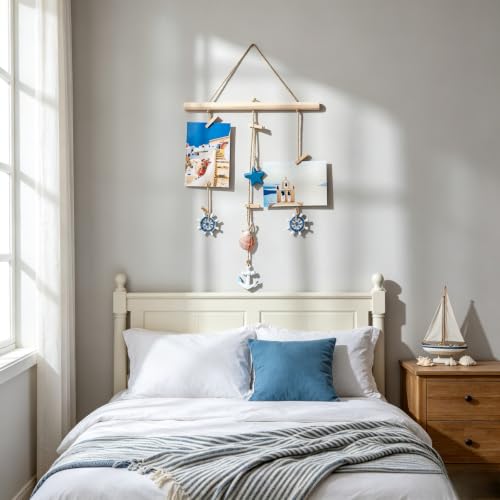 Nautical Photo Display Wall Hanging with Clips - Coastal Decor, Blue Seashell L