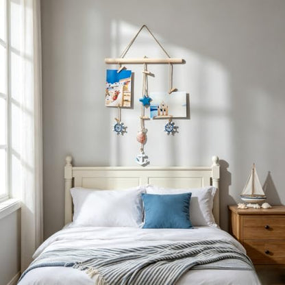 Nautical Photo Display Wall Hanging with Clips - Coastal Decor, Blue Seashell L