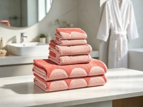 Pink 6-Piece Scalloped Bath Towel Set - 56 x 30 Inches Combed Cotton