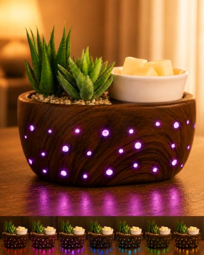 LUXARAPY Ceramic Wax Melt Warmer with Japanese Design, 4-in-1 Electric Oil Diffuser, Succulent Bowl, Brown Wood Grain