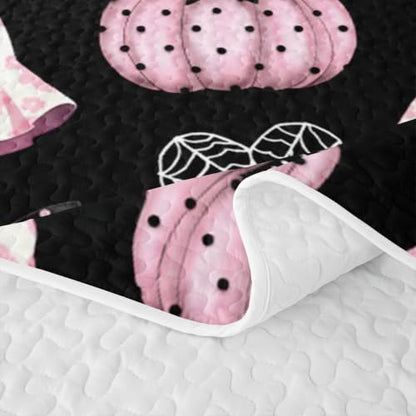 Happy Halloween Quilt Set with Ghost & Pumpkin Pattern – Black Pink Queen Size, 3 Pieces