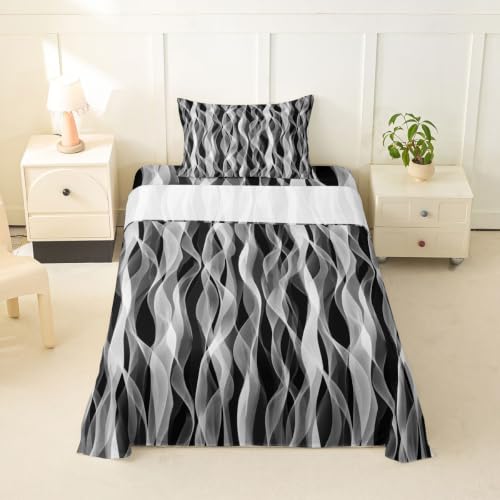 Kids Twin Sheet Set - Grey White Black Gradient Abstract Wavy Ribbon Design