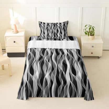 Kids Twin Sheet Set - Grey White Black Gradient Abstract Wavy Ribbon Design