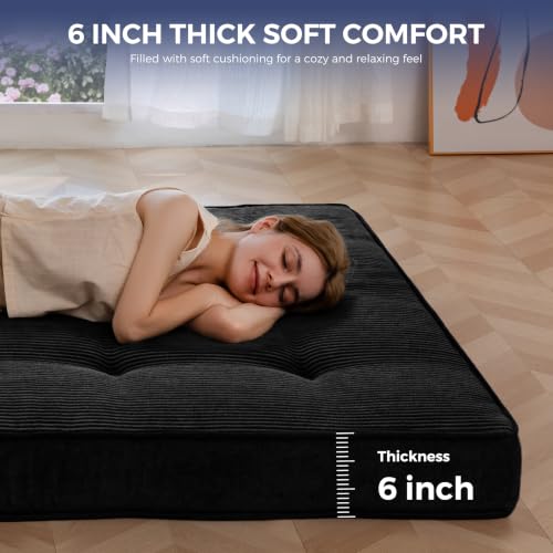 Black 6-Inch Thick Japanese Floor Mattress Full Size Futon Bed - Plush Support