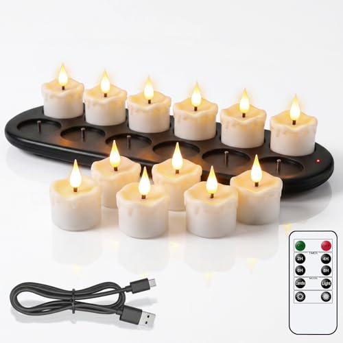 Rechargeable White Wax Tea Lights Candles with Remote Control - 12 Pack - D-White-12
