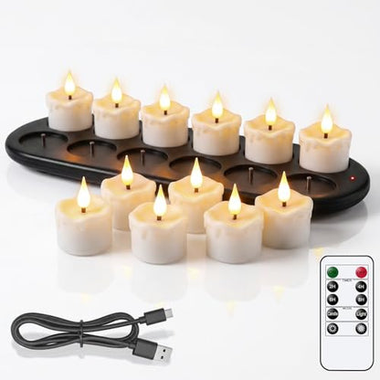 Rechargeable White Wax Tea Lights Candles with Remote Control - 12 Pack - D-White-12