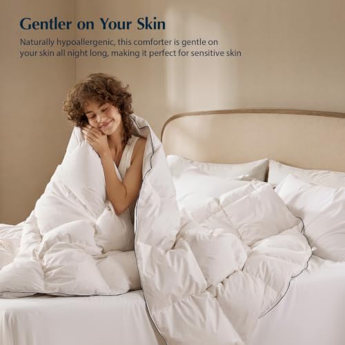 King Size Goose Feather Down Comforter - 106x90 Breathable Hypoallergenic Hotel Bedding