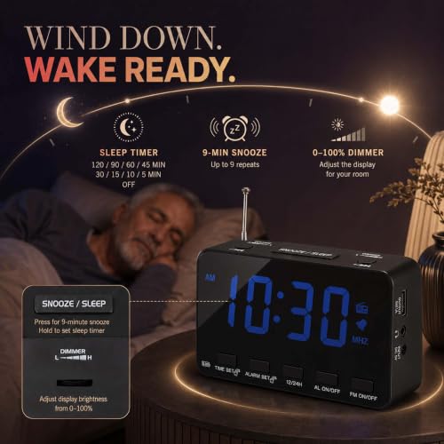 Alarm Clock Radio with FM, USB Charging, Sleep Timer & Snooze