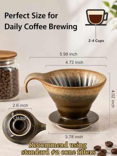 Ceramic Pour Over Coffee Maker - Single-Hole Cone with Curved Handle, Earthy Brown