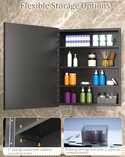 Natural Shell Inlay Bathroom Medicine Cabinet with Mirror - Reversible Wall Mount, 3 Shelves