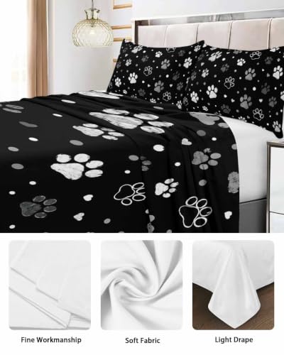 Queen Size Flat Sheet Only - Black, Charcoal, Dark Gray, White Dog Paw Prints Microfiber Bed Sheet