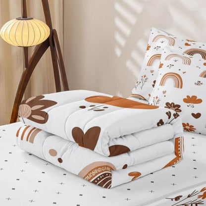 Rainbow Zipper Bedding Set Twin - Boho Microfiber Comforter & Pillowcases, Light Blue/White/Brown/Beige Variation