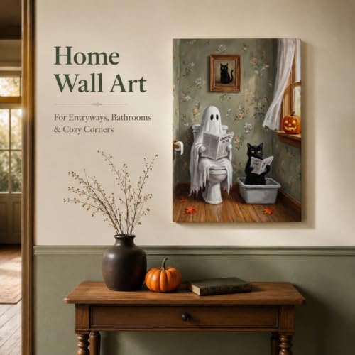Halloween Ghost Cat Bathroom Wall Art Canvas Print - Framed Decorative Picture 16x12 in