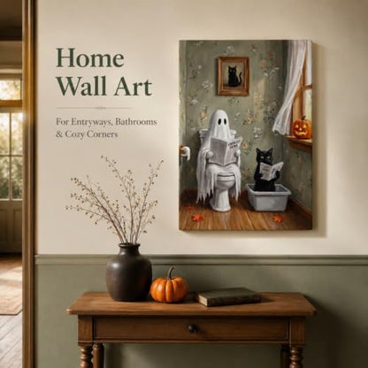 Halloween Ghost Cat Bathroom Wall Art Canvas Print - Framed Decorative Picture 16x12 in
