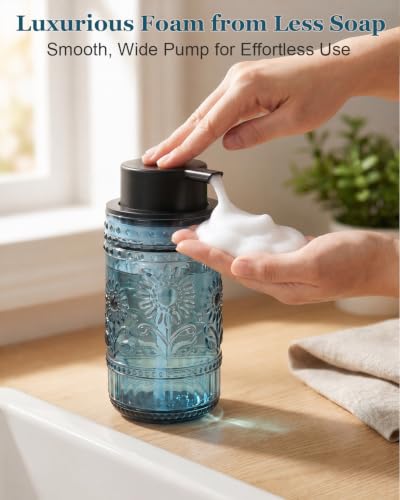Glass Foaming Soap Dispenser with Sunflower Pattern - Blue