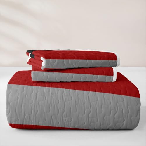 Full Size Red Gray Black Striped Quilt Set with 2 Pillowcases - Modern Geometric Bedding