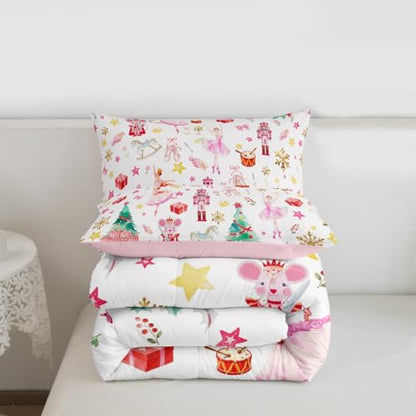 Christmas Comforter Set Queen Size - Ballet Nutcracker Bedding with Gold Pink Green Variation
