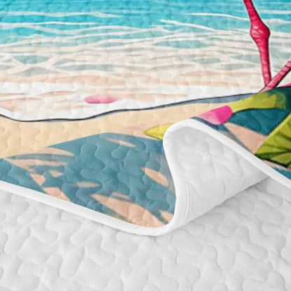 Pink Flamingo Queen Quilt Bedding Set with Pillow Shams - Tropical Beach Decor