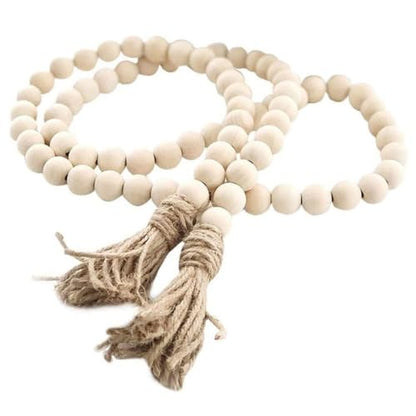 Wood Bead Garland for Farmhouse & Rustic Home Decor - 39 Inch Natural Beads with Linen Tassels