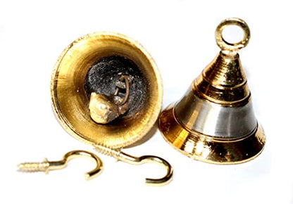 Brass Pooja Bells with J Hook - 2 Inch Hanging Wall Ornaments, Silver & Gold (12) - Christmas Decor