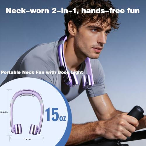 Purple Portable Neck Fan with Book Light Hands-Free Wearable Cooling Device