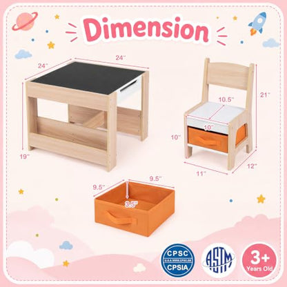 Costzon 4 in 1 Kids Activity Table and Chairs Set - Natural & Green, Reversible with Building Blocks, Storage