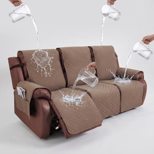 Brown Waterproof 3-Seater Recliner Couch Cover, Reversible Sofa Protector with Pockets
