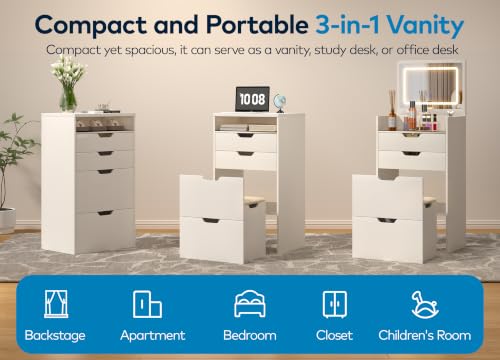 3-in-1 Vanity Desk with LED Flip Mirror, 17.9" W x 13.8" D x 33.9" H - White