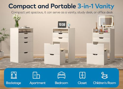3-in-1 Vanity Desk with LED Flip Mirror, 17.9" W x 13.8" D x 33.9" H - White