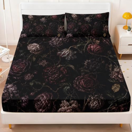 Dark Thorn Wilted Flower Fitted Sheet Set Full - Gothic Floral Bedding
