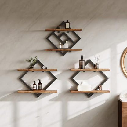 2-Tier Wooden Floating Wall Shelves Set - Brown, 3 Pieces