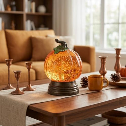 Lighted Pumpkin Snow Globe - Fall Halloween Tabletop Decor, Acrylic, Yellow, 3-Pack