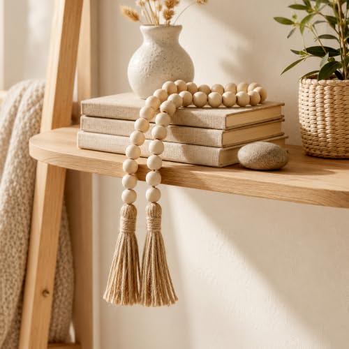 Wood Bead Garland with Tassels - 34 Inch Farmhouse Rustic Home Decor