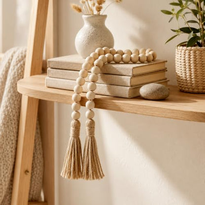 Wood Bead Garland with Tassels - 34 Inch Farmhouse Rustic Home Decor
