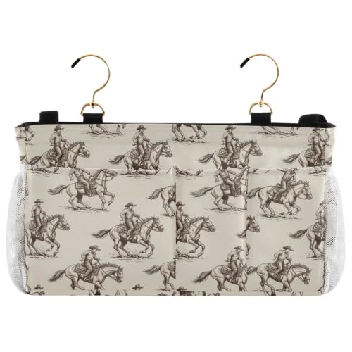 Western Cowboy Pattern Bedside Caddy Organizer with 6 Pockets & Hooks for Bunk Beds