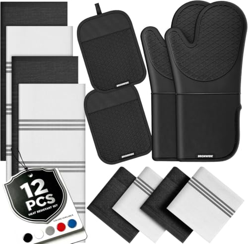 Black Silicone Oven Mitts and Pot Holders Set with Kitchen Towels - Heat Resistant 500°F